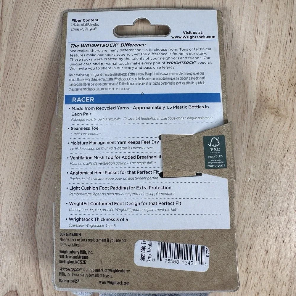 Wrightsock Racer Large M 8.5-12 W 9.5-11 Heather Grey Single Layer 3 Pack